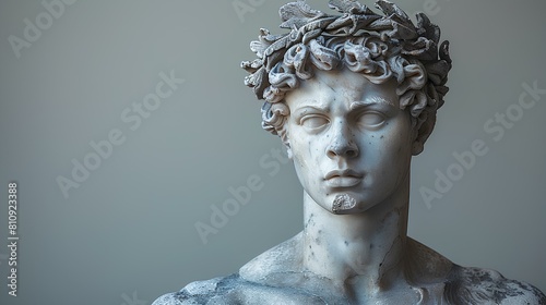 Ancient Greek statue of an ancient Roman senator in marble. Ancient roman Emperor statue in stone isolated on simple background. Ancient Greek architecture
