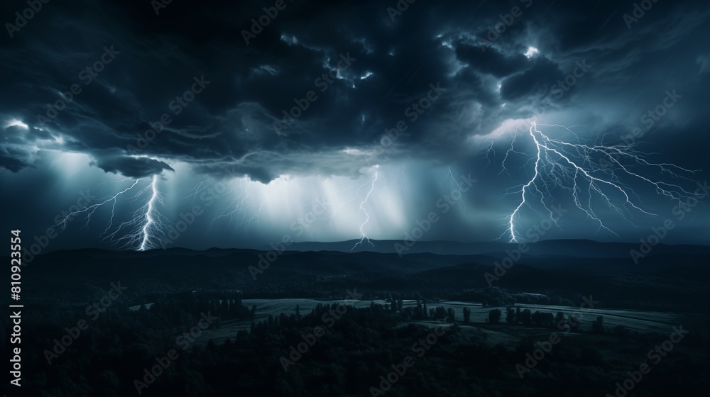 Dramatic Night Sky Illuminated by Intense Lightning Storm Over Rural Landscape