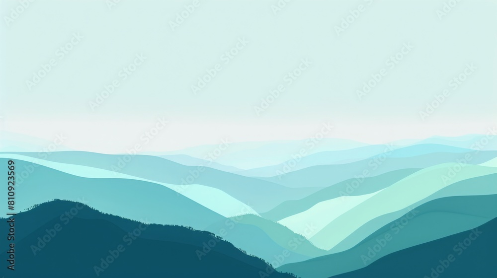 Abstract Landscape Art: Light Blue and Green Mountains Silhouette with Atmospheric Sky Abstract Landscape Art: Light Blue and Green Mountains Silhouette with Atmospheric Sky