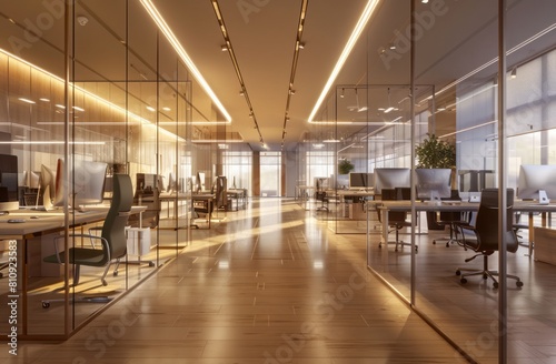 A modern office with glass walls, white and wooden floors, several desks in the center of an open space, computer screens on each desk, and chairs around them