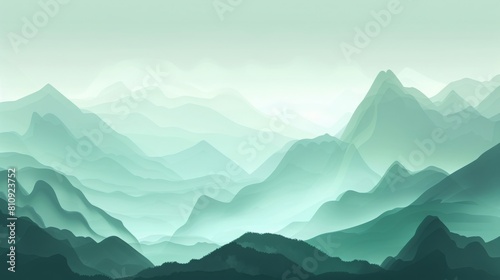 Abstract Landscape Art  Light Blue and Green Mountains Silhouette with Atmospheric Sky