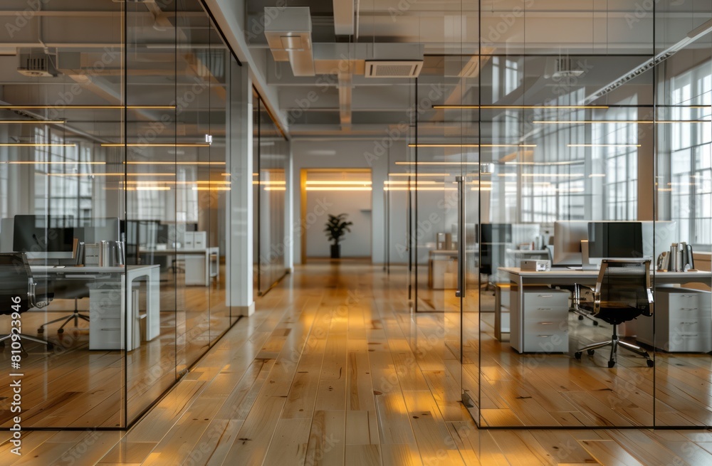 A modern office with glass walls, white furniture and wooden floors. The space is well lit by LED lights hanging from the ceiling, creating an atmosphere of focus and productivity