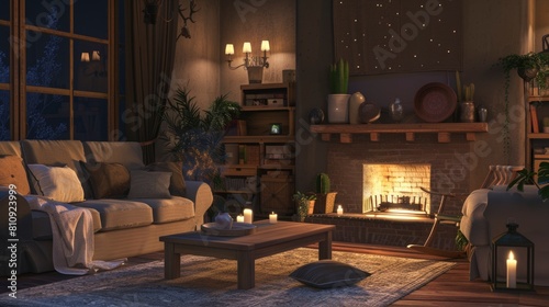 A cozy living room with a fireplace and a couch. The room is dimly lit  creating a warm and inviting atmosphere. There are several potted plants scattered throughout the space