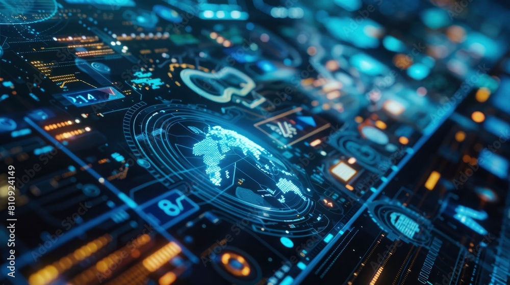 A computer screen with many different icons and a globe in the middle. The globe is surrounded by many other icons, including a keyboard and a mouse. Scene is one of technology and innovation