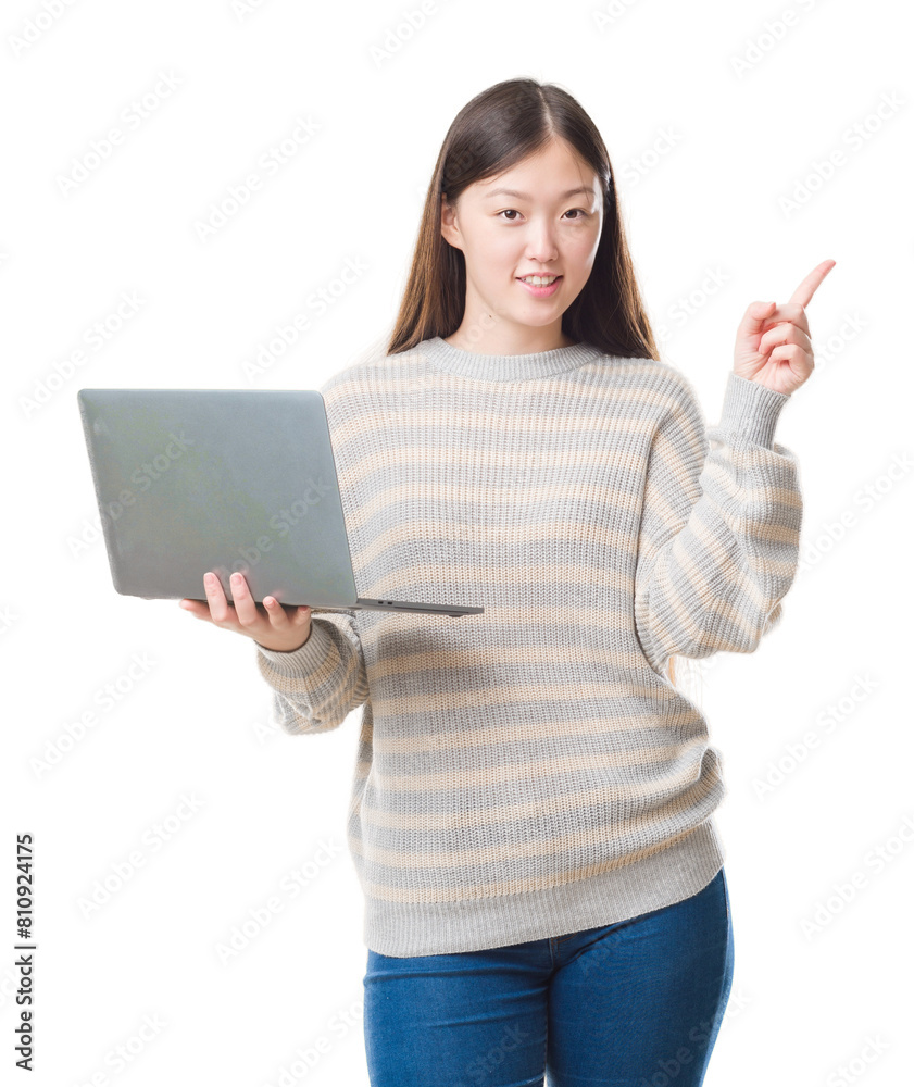 Young Chinese woman over isolated background using computer laptop very happy pointing with hand and finger to the side Young Chinese woman over isolated background using computer laptop very happy pointing with hand and finger to the side