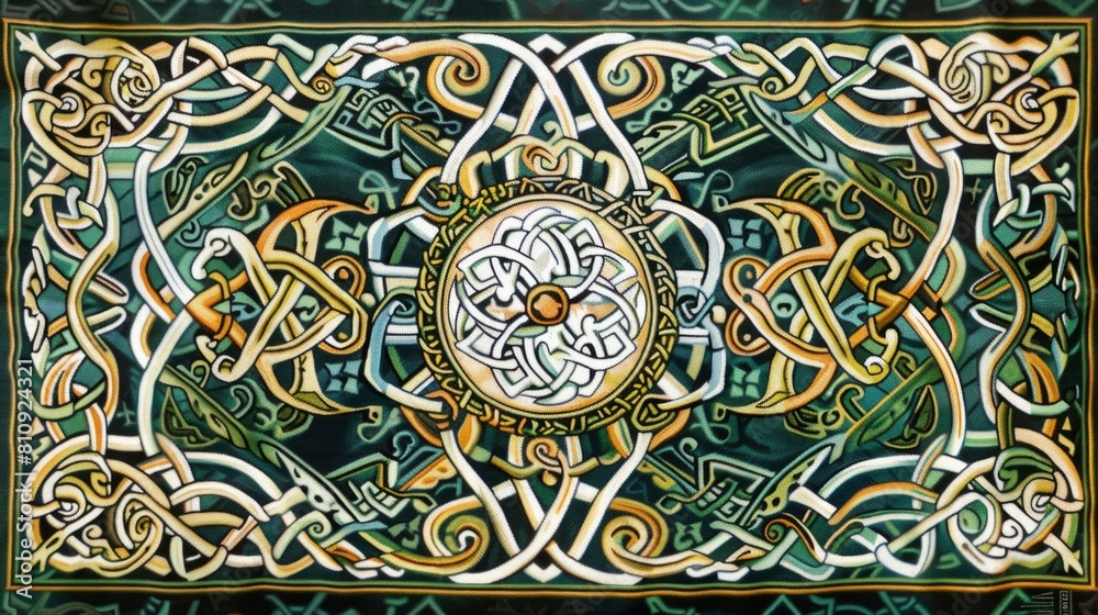 A green and yellow carpet with a design of a circle and a cross. The circle is surrounded by a border of gold and green