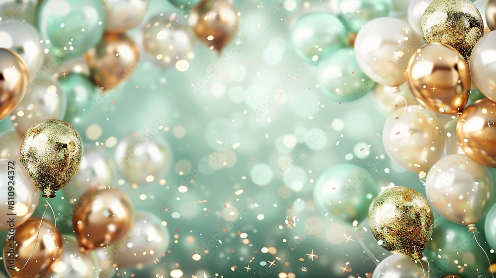 beautiful celebration background with balloons, gold, white and light green colors, glittery sparkly stars