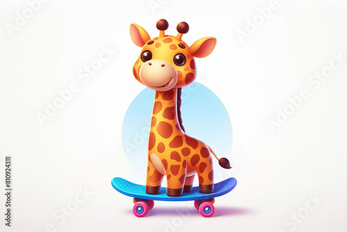 A whimsical cartoon giraffe  grinning from ear to ear  confidently balances atop a vibrant skateboard against a clean white backdrop.