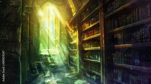 A library with a window that lets in sunlight. The room is filled with bookshelves and a chair. Scene is peaceful and serene, as the sunlight illuminates the space and the books on the shelves