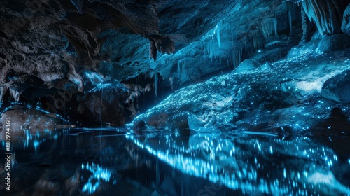 A cave with blue lights shining on the water photo