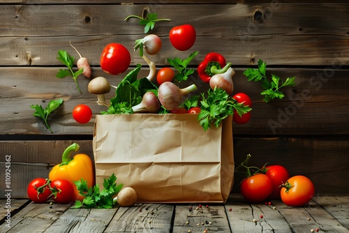 Vegetables in a paper bag and flying vegetables around the bag on a wooden background.