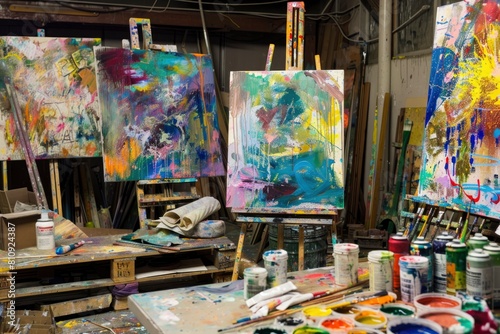A messy art studio with three paintings on the wall and a variety of paint colors and brushes scattered around. Scene is chaotic and creative
