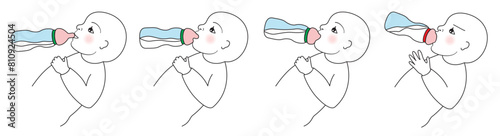 The three steps to give baby feed with baby bottle. Isolated. Vector illustration.