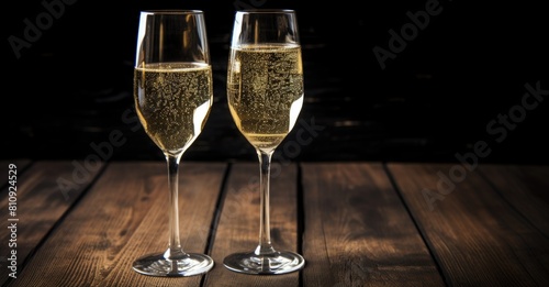 Two glasses of Champagne on a wooden table