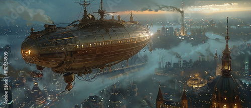 A majestic steampunk airship soars above a futuristic city skyline in a beautiful display.