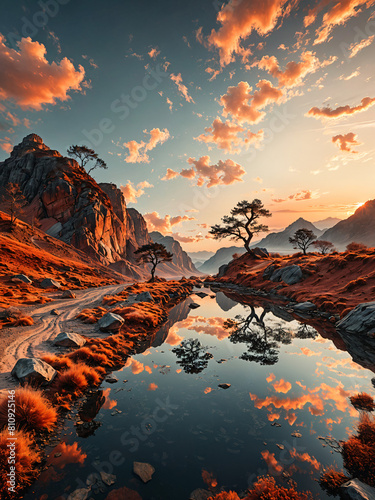 A majestic river landscape against a mountain backdrop under the sunset, Generative AI