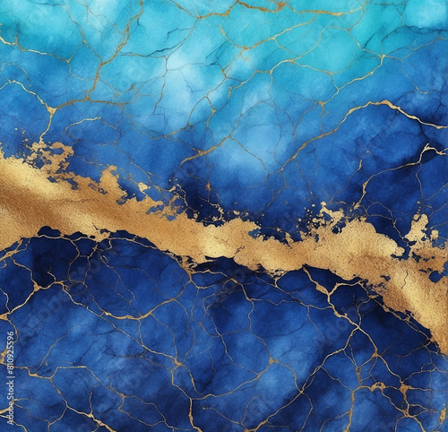 Abstract blue marble background with golden veins, painted marbled surface, stone texture, liquid paint, gold foil and glitter decor, fashion marbling background.