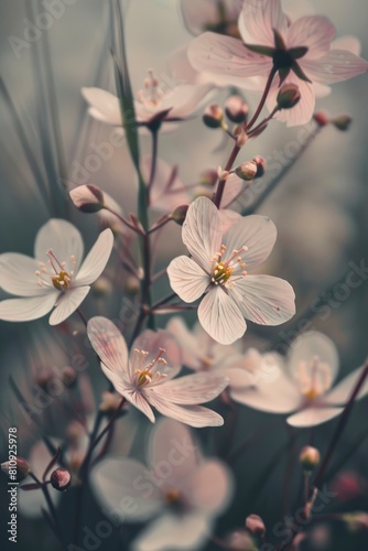 A close up of a bunch of white flowers with a blurry background. The flowers are arranged in a way that makes them look like they are floating in the air