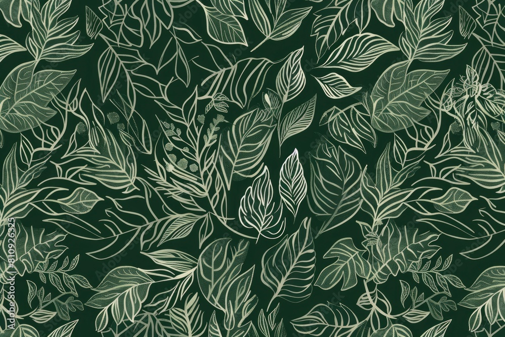 A green leafy patterned background with a few leaves in the foreground. The leaves are drawn in a stylized way, giving the impression of a natural scene A green leafy patterned background with a few leaves in the foreground. The leaves are drawn in a stylized way, giving the impression of a natural scene