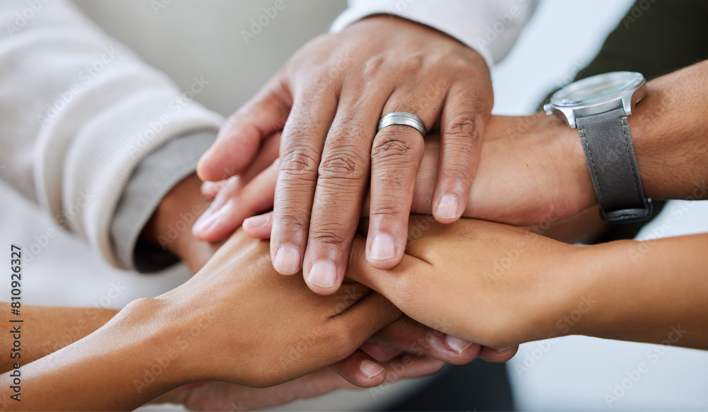 Hands, huddle and support with business people in office together closeup for solidarity or unity. Collaboration, motivation and partnership with employee team in workplace for success or target Hands, huddle and support with business people in office together closeup for solidarity or unity. Collaboration, motivation and partnership with employee team in workplace for success or target