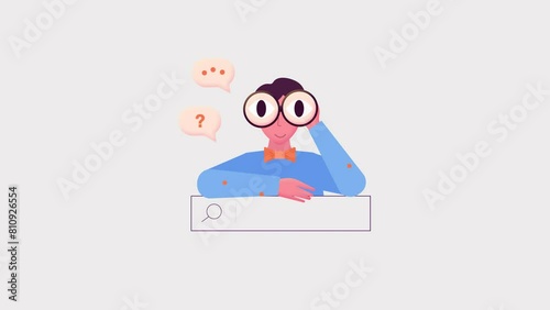 Man with a search field holding binoculars and searching for something. Flat concept animation for search without background.