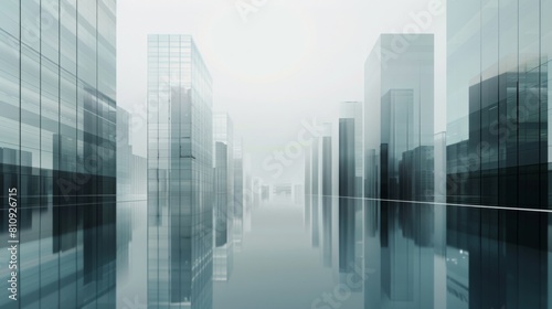 Minimalist Business District: Prosperous Financial Center with Tiled Buildings and Semi-Transparent Reflections © JINGWEN