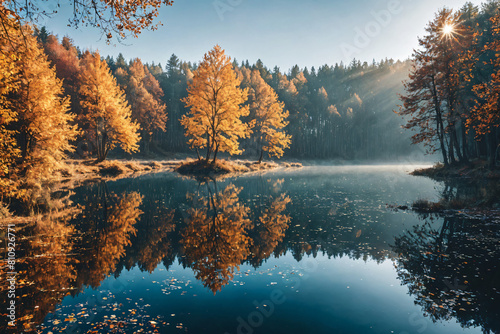 An autumn lake scene bathed in the morning sunlight  exuding tranquility  Generative AI