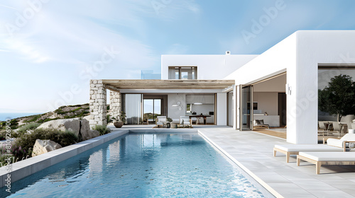 3d Rendering of simple minimalistic modern villa with swimming pool