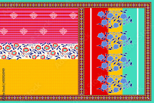 multi abstract pattern sari design, geometrical textile saree in colorful Flower design.