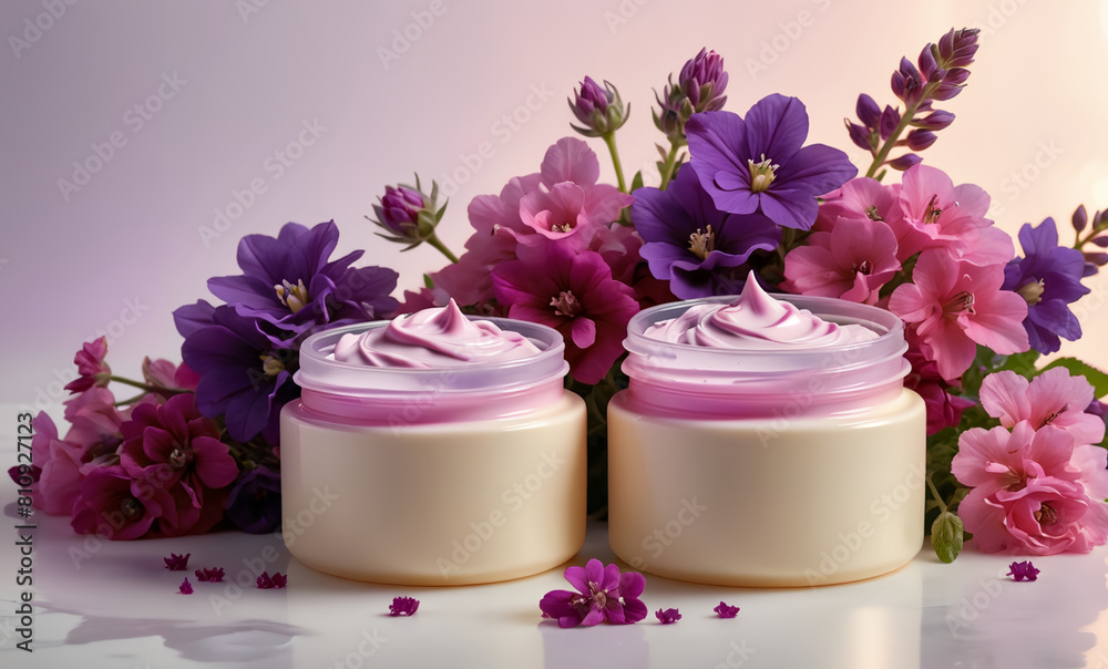 Two open containers of cream with pink and purple hues, surrounded by fresh clusters of purple and pink flowers Two open containers of cream with pink and purple hues, surrounded by fresh clusters of purple and pink flowers