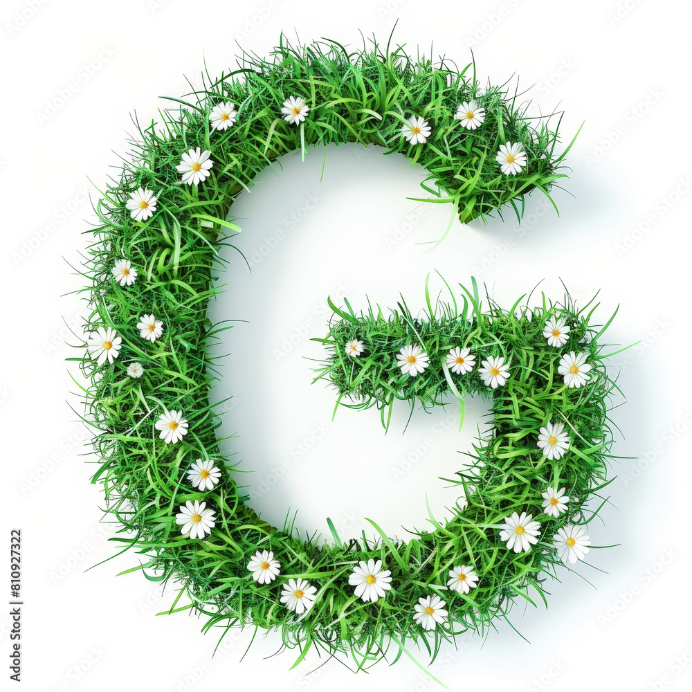 Green organic grass with tiny flowers made letter G on white clean background. Environment concept. Generative AI Green organic grass with tiny flowers made letter G on white clean background. Environment concept. Generative AI