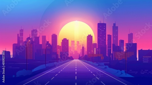 An empty road leads to the city, which contains multi story buildings, at sunset or sunrise. A cartoon modern landscape depicts a road with streetlamps leading to the city. The sky is pink gradient,