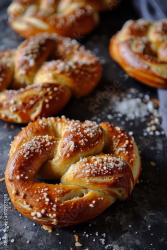 Yeast buns in the shape of a pretzel. Selective focus.