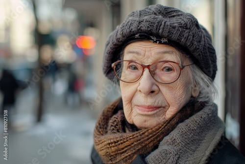 Portrait of a beautiful middle-aged woman with short gray hair in an orange jacket on the street.. Beautiful simple AI generated image in 4K, unique. © ArtSpree
