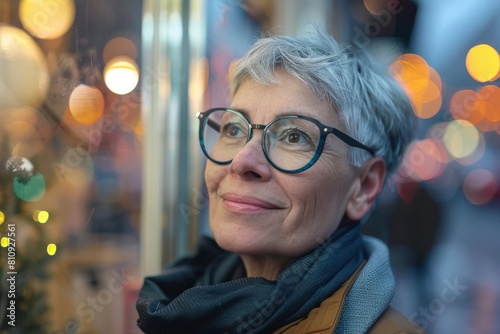 Portrait of a beautiful middle-aged woman with short gray hair in an orange jacket on the street.. Beautiful simple AI generated image in 4K, unique.