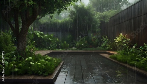 Garden atmosphere raining. Realistic landscape