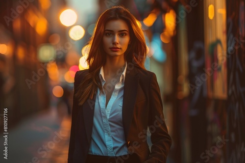 Long-haired woman wears a jacket and scarf while strolling through the city. Beautiful simple AI generated image in 4K, unique.