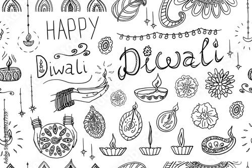 Beautiful seamless pattern of Diwali festival objects and symbols. Flowers, lit candles, fire. Celebrating the Indian festival Happy Diwali. Great for greeting card, banner, poster. Hand drawn