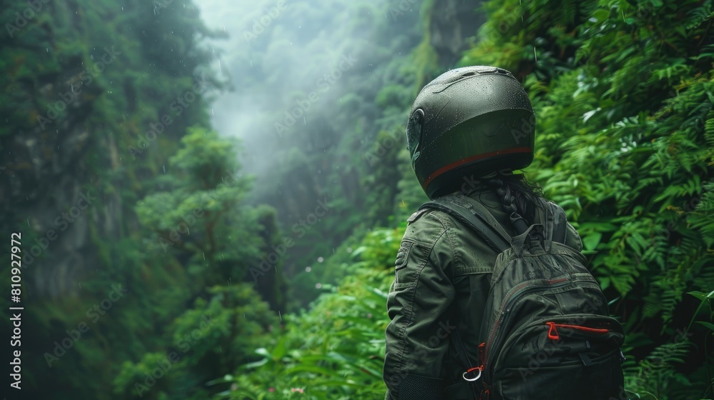 Embrace the idea of a safe and lush green environment as you traverse the world with a helmet against the stunning backdrop of nature