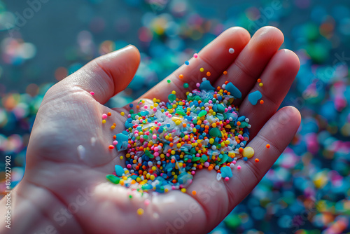 Close up human hand with colored microplastic. Concept of plastic pollution. © ShniDesign