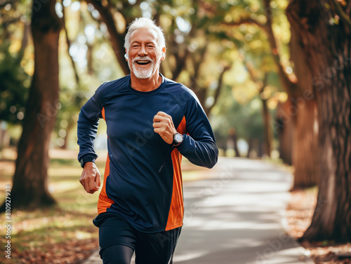 A vibrant elderly man, wearing sportswear, joyfully runs in a picturesque park, lost in his favorite music playing on his earphones.