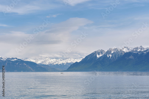 Landscape image of swiss Alps and lake Geneva in early spring  Lausanne  Switzerland