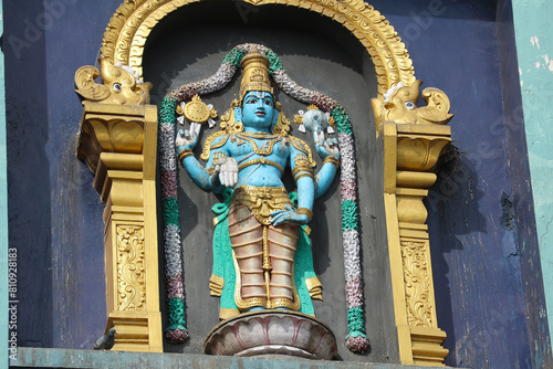 An image of Lord Vishnu on the roof of a building in Tirumala, Tirupati, India.