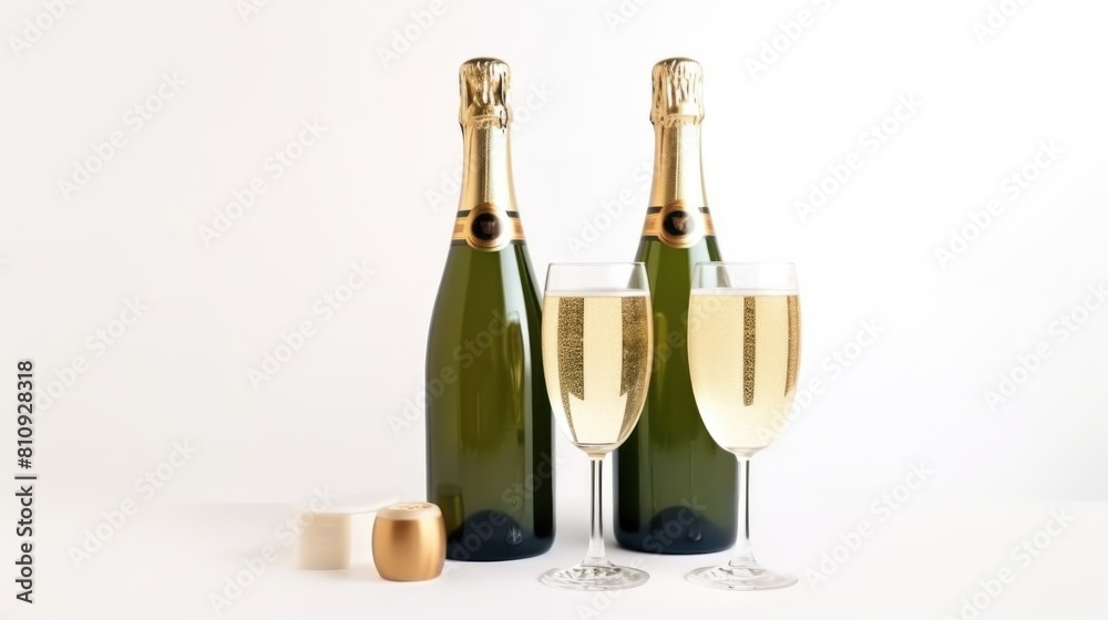 Obraz premium A trio of Champagne bottles and wine glasses on a dining table
