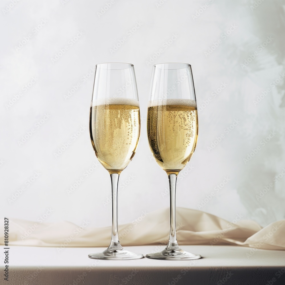A pair of sparkling wine glasses on a table, inviting celebration and toasting. A pair of sparkling wine glasses on a table, inviting celebration and toasting.