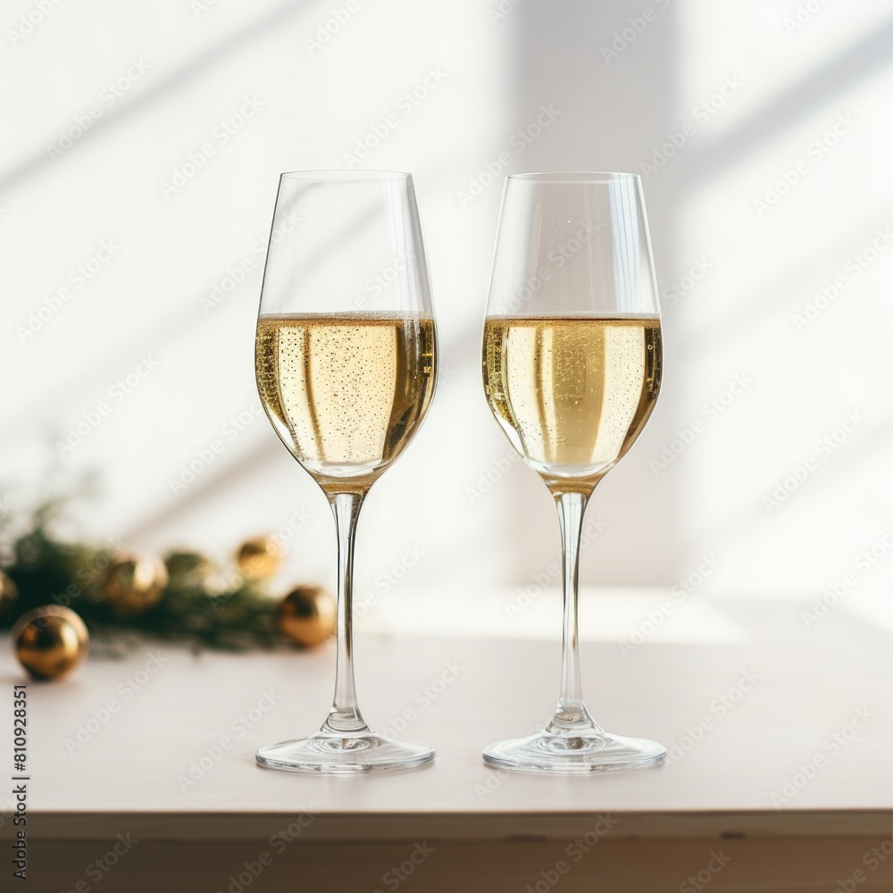 Two glasses of champagne elegantly placed on a wooden table Two glasses of champagne elegantly placed on a wooden table