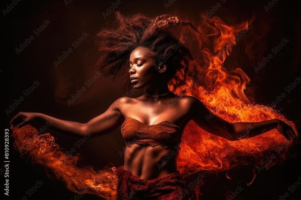 A woman in a striking red dress stands amidst swirling flames in a powerful and intense scene