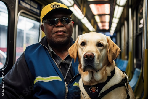 A visually impaired man and his guide dog are seated in a subway car