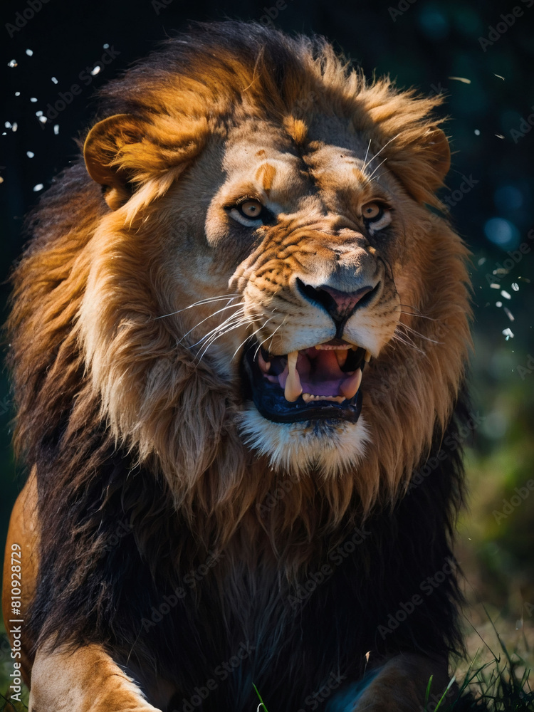 Fierce King, Lion Roaring Dramatically Against Black