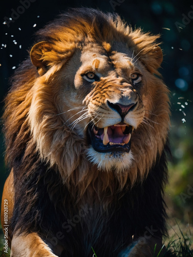 Fierce King  Lion Roaring Dramatically Against Black